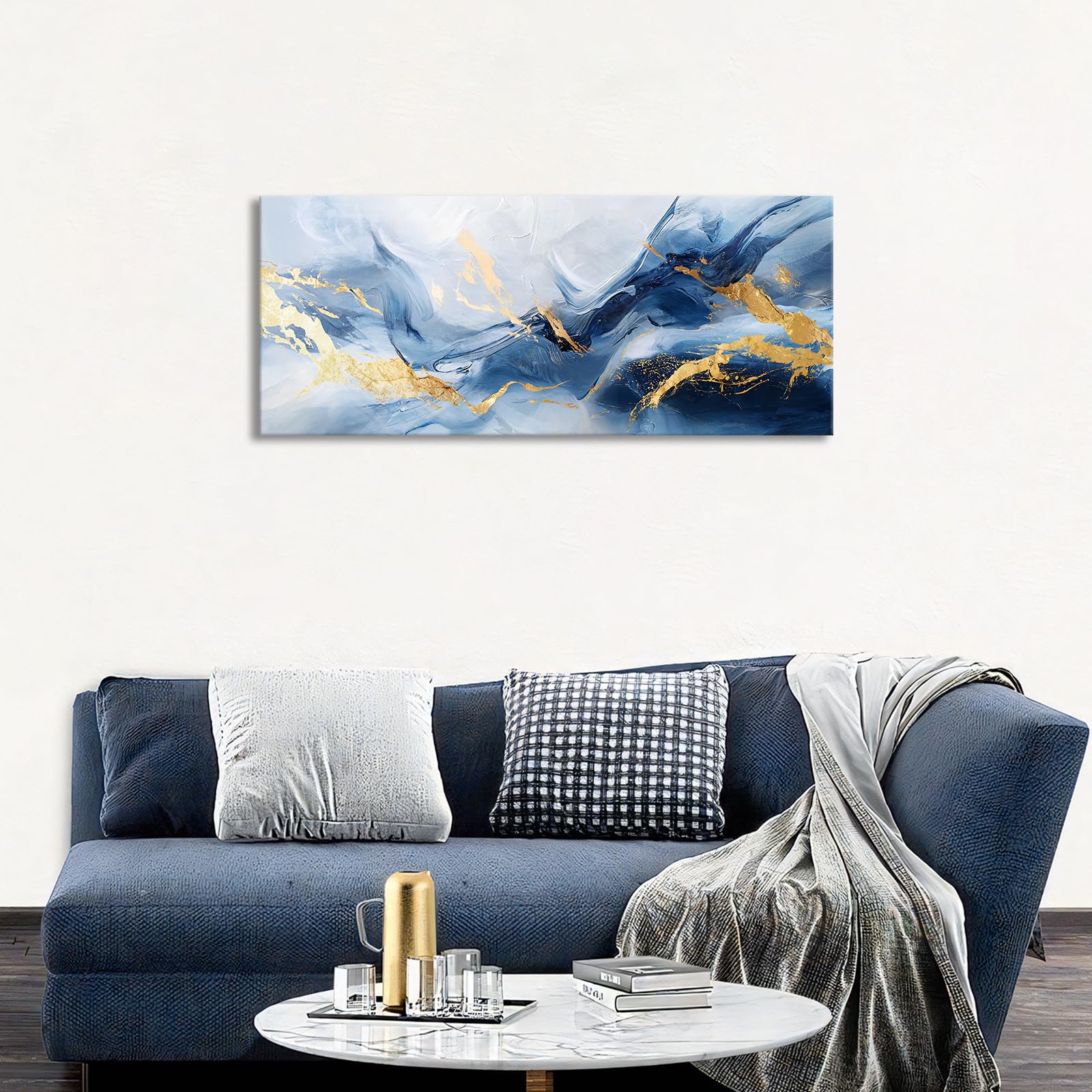 WENGTIAO Abstrait Bleu Marine Gris Or Tableau Decoration Murale Encadré
