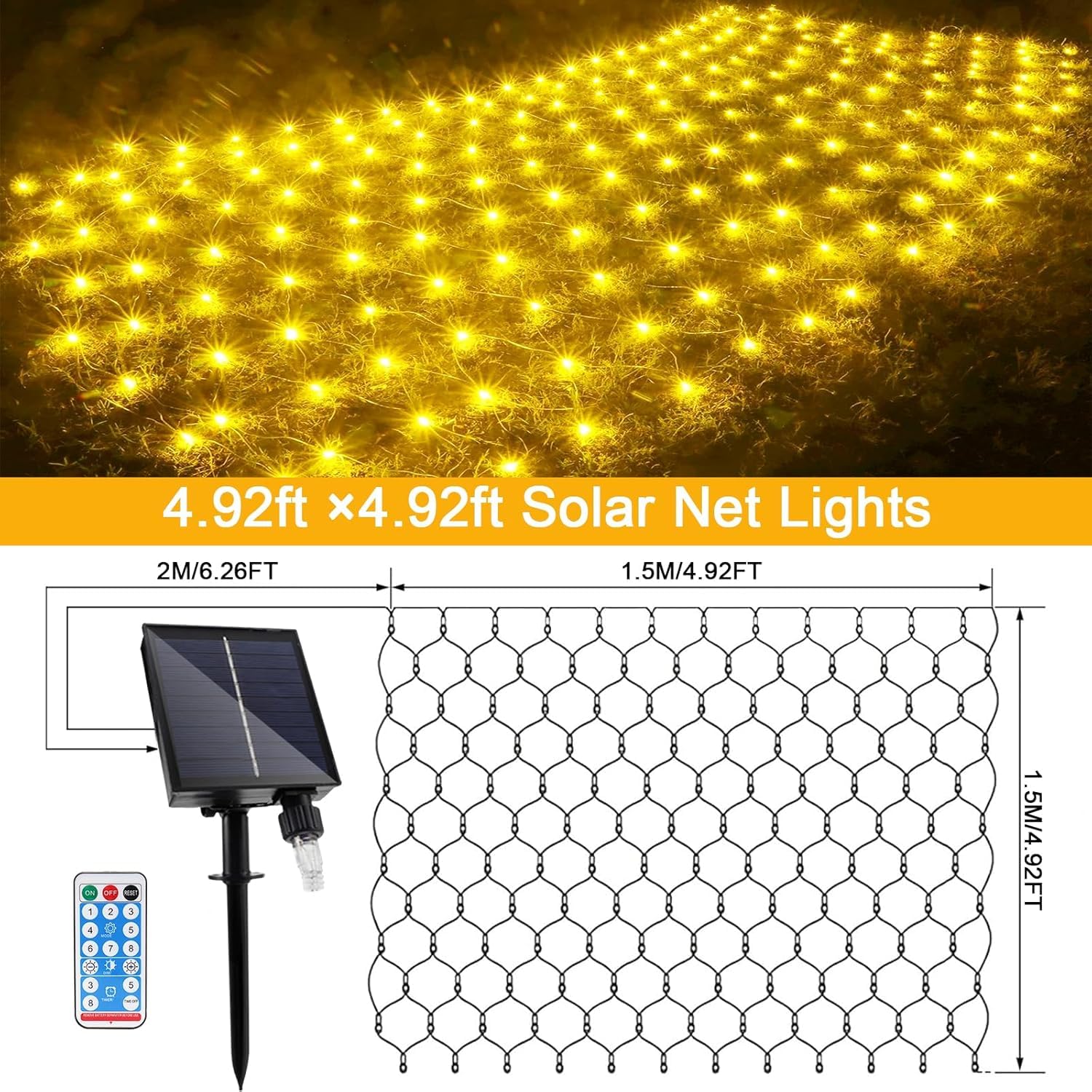 Suyoo Solar Net Lights, 1.5 x 1.5 Meters Mesh Fairy Lights, 96 LEDs Outdoor Waterproof with 8 Lighting Modes - Image 2