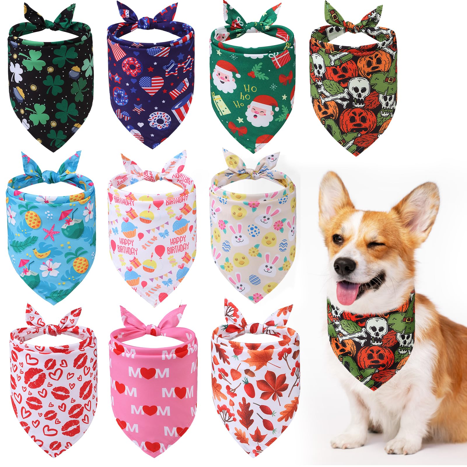 PAWCHIE Holiday Dog Bandanas 10 Packs, Easter Dog Bandana Pet Triangle Scarf Festival Style, Seasonal Bandanas 4th of July Pet Bandana Birthday for