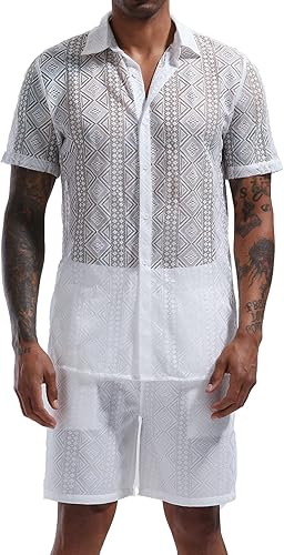Miniatura 4 de LecGee Conjuntos Casuales de Verano para Hombre con Encaje, Camisa de Manga Corta con Botones, Pantalones Cortos de Cintura Elástica, Conjuntos de 2