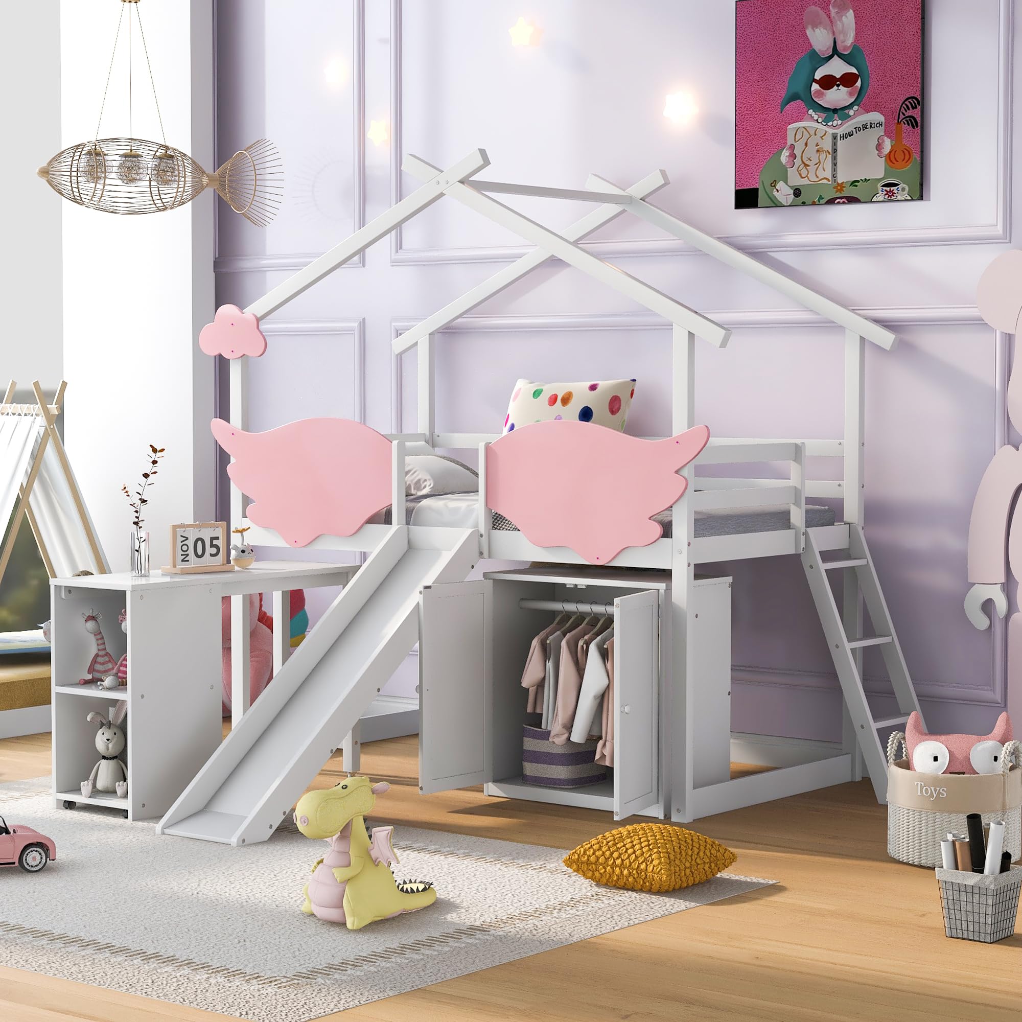 Buy Twin Size House Loft Bed with Wardrobe, Slide and Ladder,Playhouse