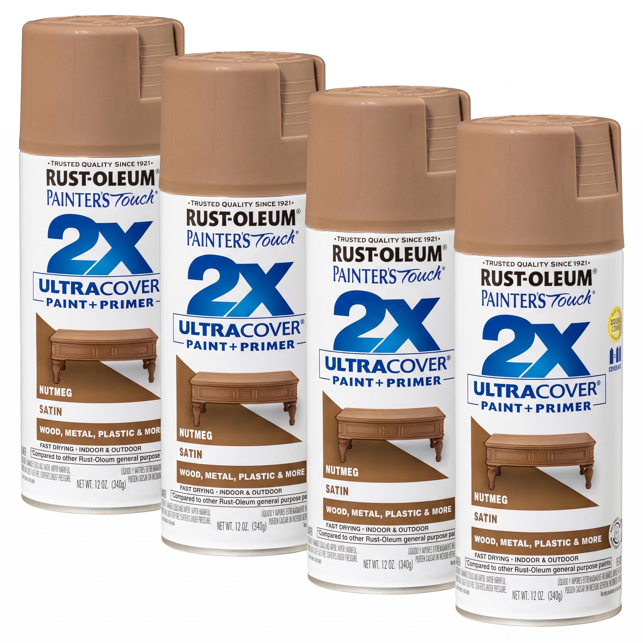 Rust-Oleum 334076 Painter's Touch 2X Ultra Cover Spray Paint, 12 oz, Satin Nutmeg (Pack of 4)