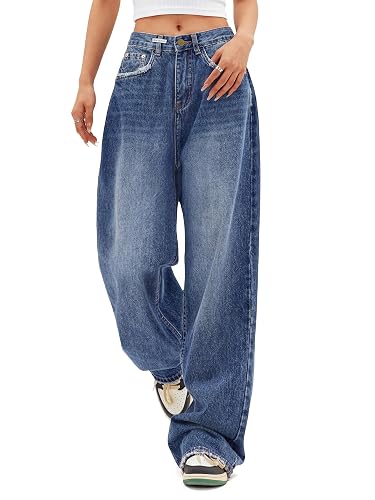 EMMIOL Jeans for Women Wide Leg Baggy Jeans | High Waist Y2K Casual Loose Boyfriends Trousers Vintage Streetwear - Mid Blue - Small