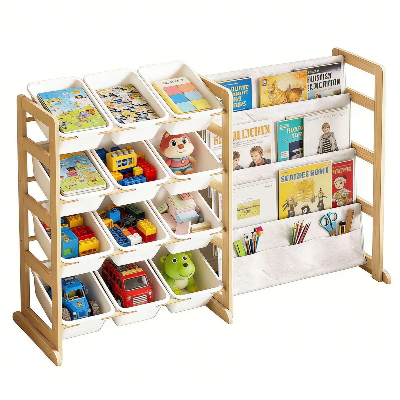 Spielzeug Organizer mit Bücherregal,Kinderregal aus Holz mit 12 Behältern | Spielzeug Aufbewahrung für Kinderzimmer,Einfache Montage,Aufbewahrungsbox für Schlafzimmer und Raumdekoration,122 x 28 x 80cm