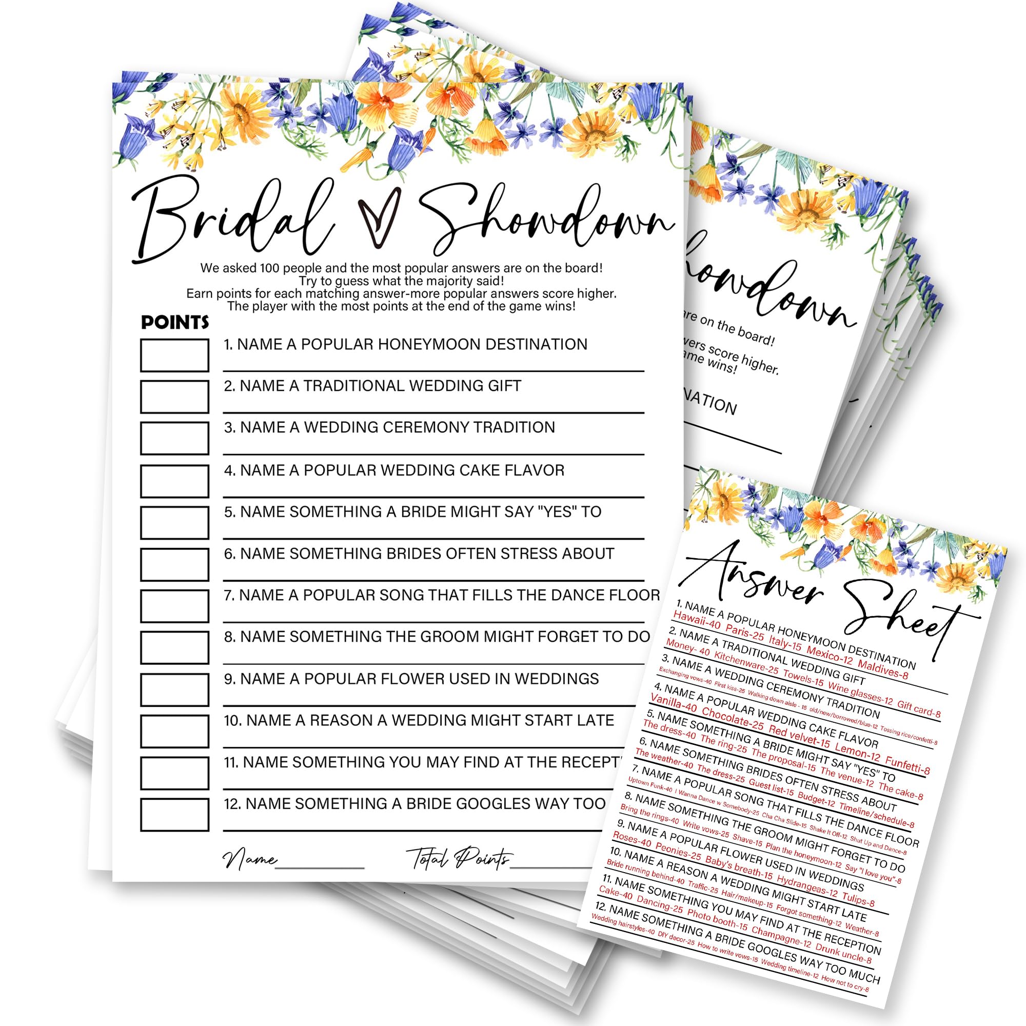 Bridal Showdown - Kwiatowe karty do gry na wieczór panieński - 50 szt. kolorowe kwiaty karty do gier - zabawne gry weselne dla panny młodej i pana młodego - zajęcia na wieczór panieński - B05
