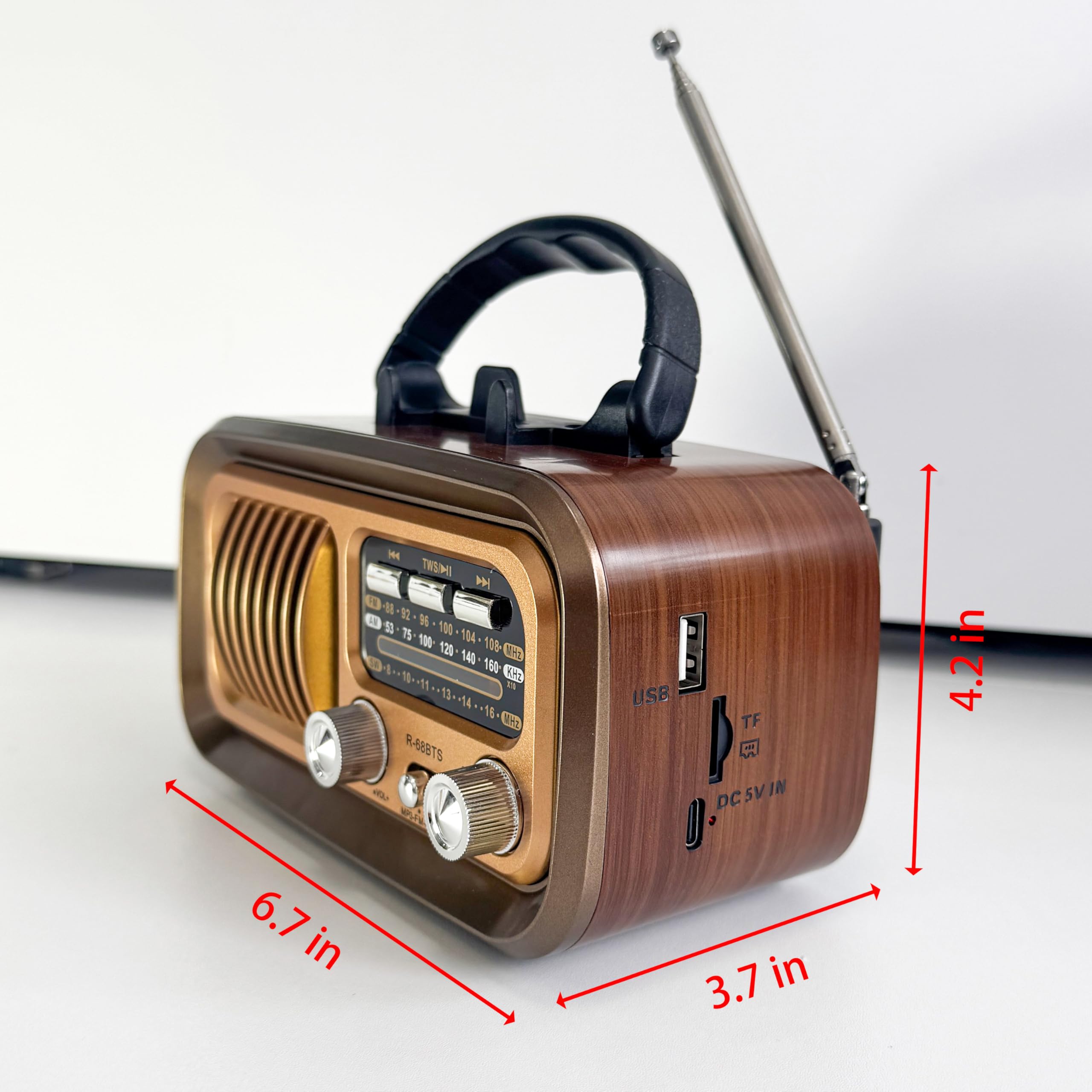 Radio portable rétro, transistor vintage en grain de bois avec meilleur son de basse, énergie solaire/batterie D/USB rechargeable, prend en charge carte TF et lecture de musique USB, pour la maison