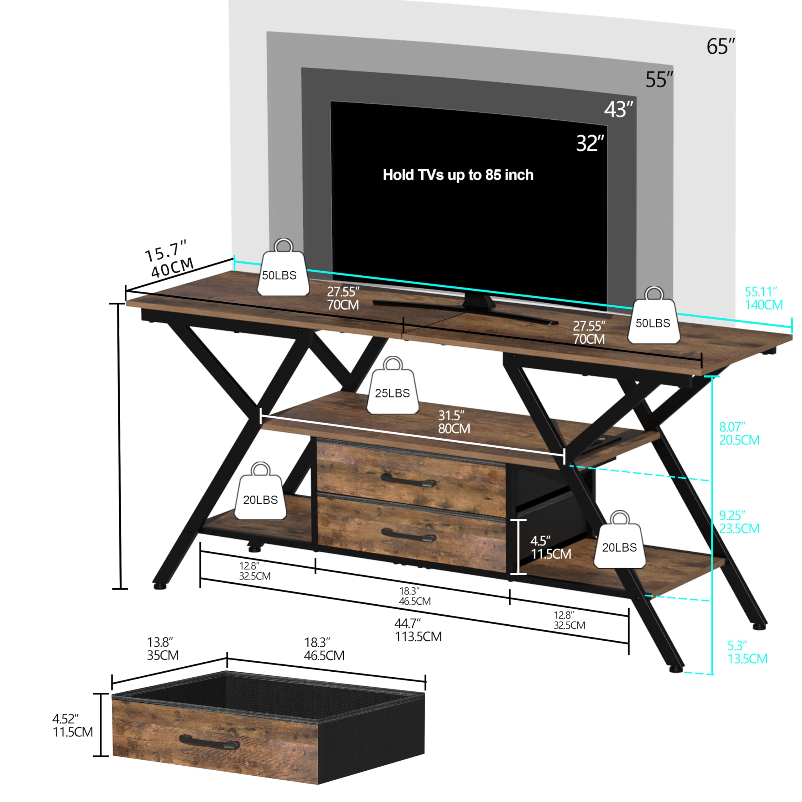 Trironsun Rustikaler TV-Schrank bis zu 55 Zoll TV-Konsole mit LED-Licht TV-Regal 2 Lagerung Stoff Schubladen Entertainment Center für Schlafzimmer Wohnzimmer