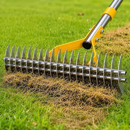 Heavy Duty Thatch Rake for Lawns, 15" Dual-Sided Dethatching Rake with Sharp Steel Tines, Manual Dethatcher and Scarifier Tool for Dead Grass, Moss & Thatch Removal, 70" Adjustable Long Handle