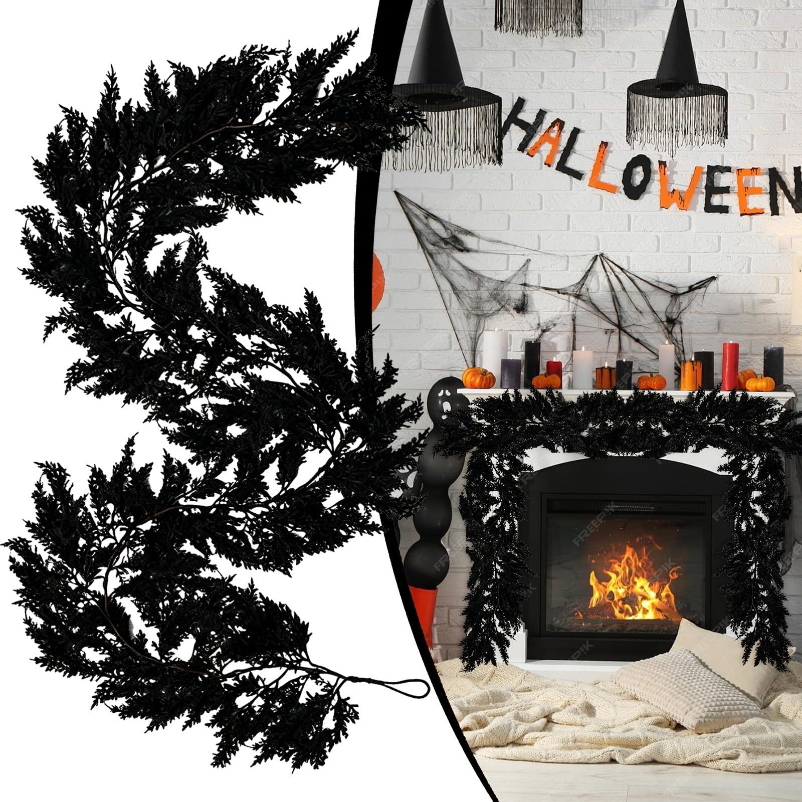 Künstliche Halloween-Girlande Schwarz Gotische Blätterranke 270CM