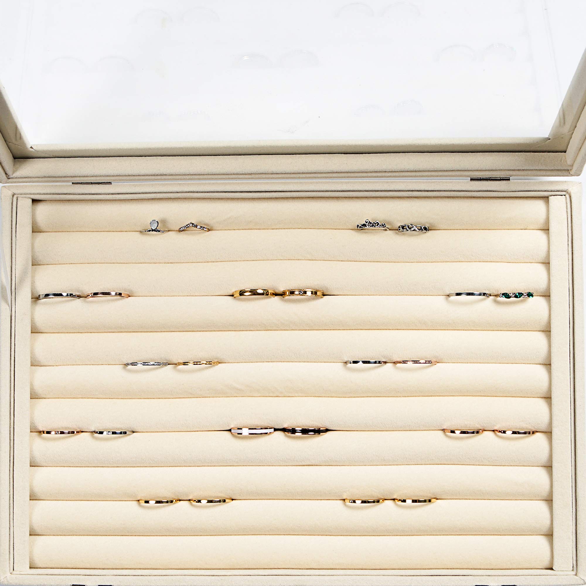 Frebeauty Anelli/Orecchini Organizzatore Vassoio con Coperchio 10 Slots Cassetto di Velluto Inserto Gioielli Scatola di Immagazzinaggio con di Vetro Trasparente Regalo per Ragazze(Beige, 10 Slots)