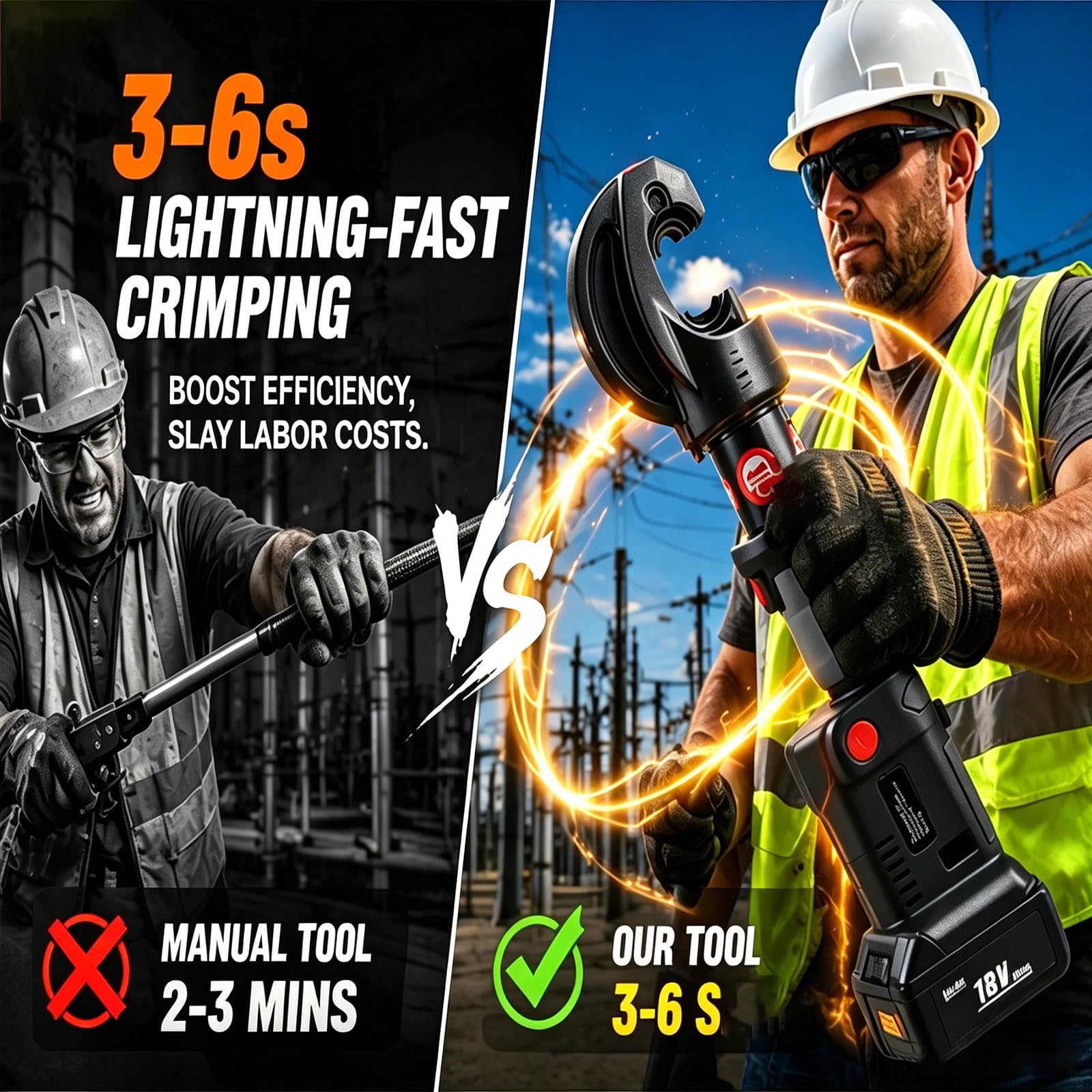 Akumulatorowa Praska Hydrauliczna do Kabli 12 Ton, Zaciskarka Elektryczna 18V Końcówek 16-400mm², Narzędzie do Rur Miedzianych z Ruchomą Głowicą i Dwoma Akumulatorami