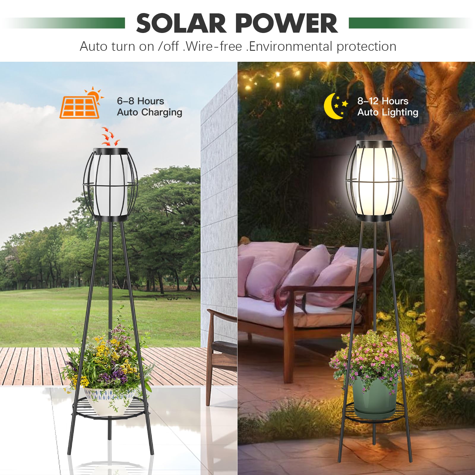 Lámparas solares de pie, paquete de 2 luces solares con soporte para plantas, luces solares impermeables para exteriores, estante de flores para patio, porche, terraza, patio, decoración de