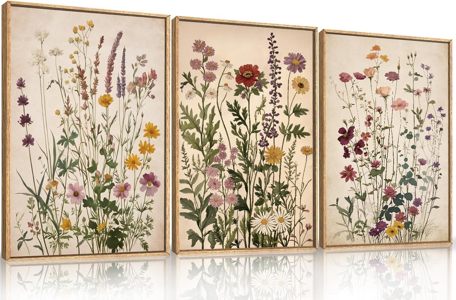 AMOSIJOY Vintage Floral Wall Art Prints Set of 3, Botanical Plant Posters with Wild Garden Artwork, Classic Nature Illustration for Living Room Bedroom Office Home Decor, Unframed (21x30cm)