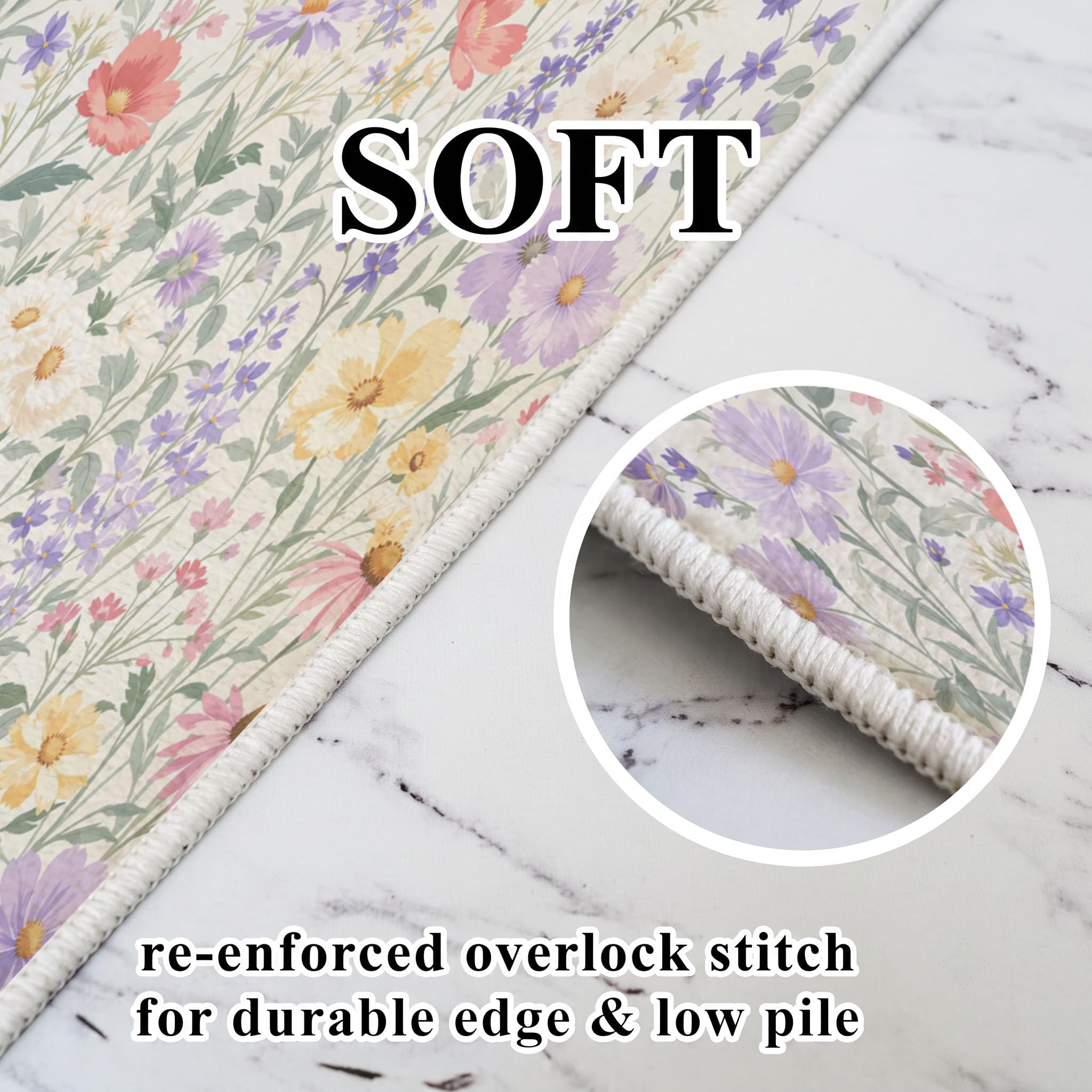 Tapis Rond Lavable Cosmos Delphinium 100cm | Tapis Fleurs Rustiques Fraîches Antidérapants Salon Lavable en Machine pour pour Salle à Manger, Entrée, Cuisine, Violet Clair