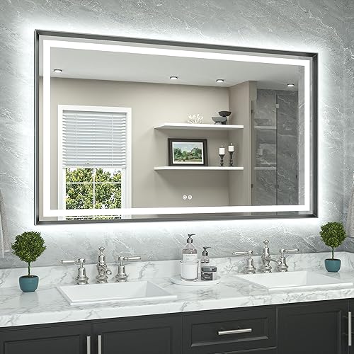 Miniatura 63 de TETOTE Espejo LED de baño de 24 x 32 pulgadas, marco de metal dorado cepillado frontal y retroiluminado, espejo de tocador antiniebla, regulable Oro