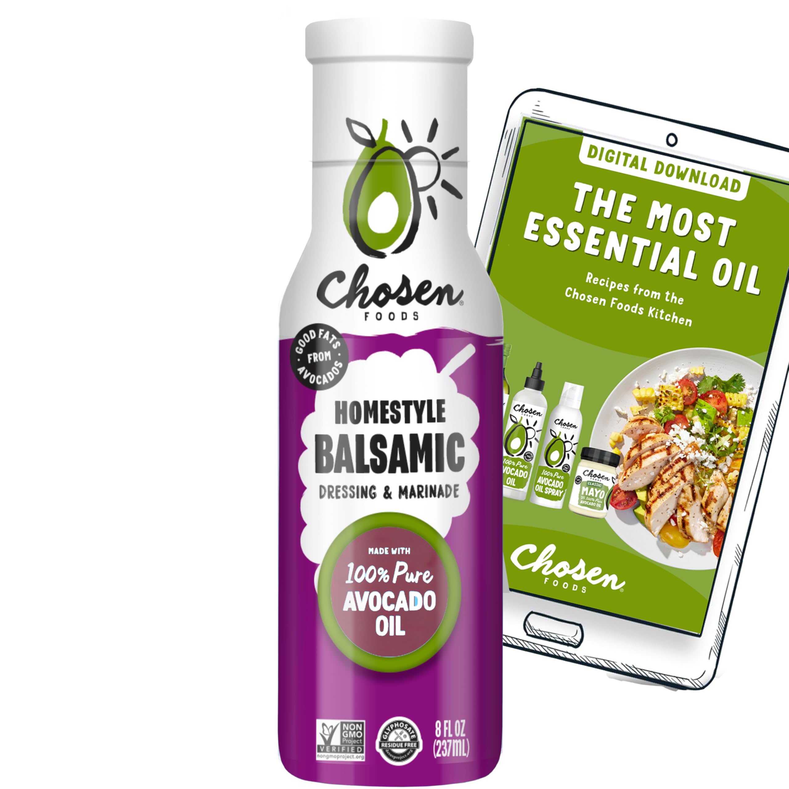 Chosen Foods Homestyle Balsamic Dressing and Marinade 8 oz with Recipe e-Book Bundle