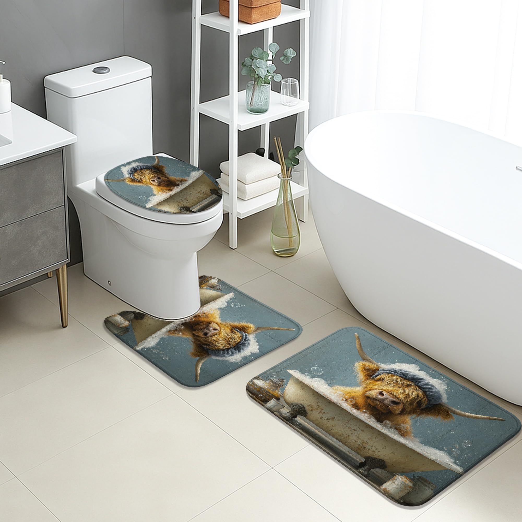 Highland Cow Bathroom Mat Sets 3 Piece, Cute Animal Print Absorbent Non Slip Toilet Rugs U Shaped Washable, Rustic Farmhouse Quick Dry Flannel Bathroom Rug Set