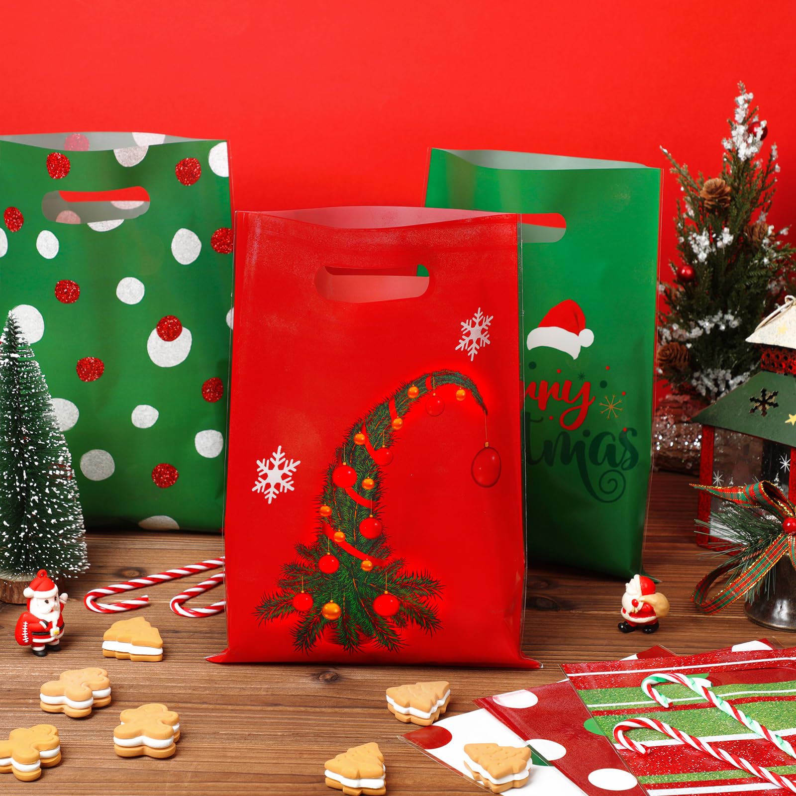 Sinmoe Lot de 200 sacs de Noël en plastique réutilisables avec poignées - 22,9 x 30,5 cm - Pour le shopping, le détail, les fêtes (motif elfe rouge, vert, vert)