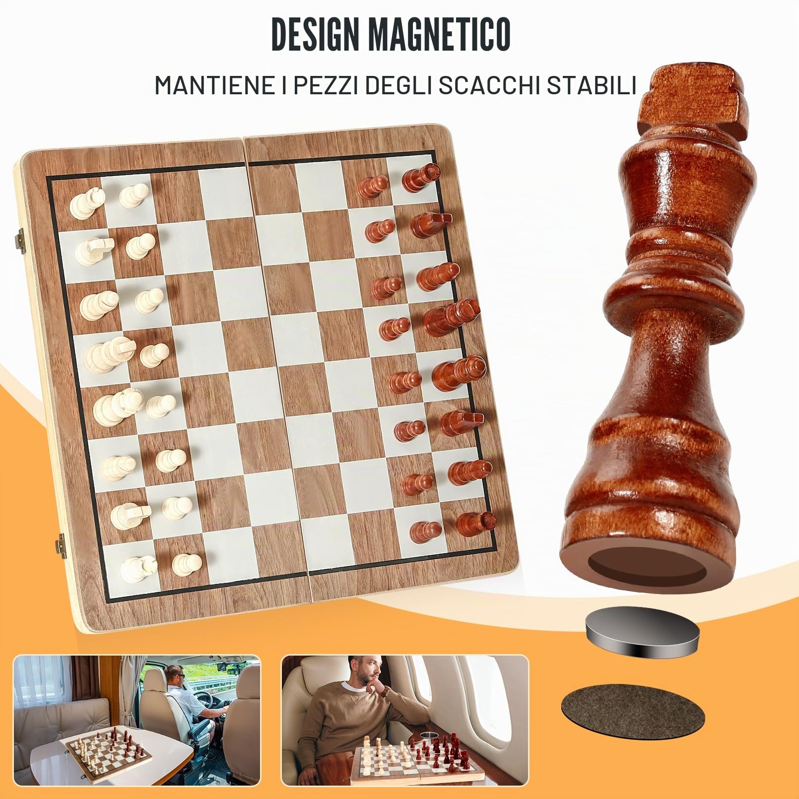 Set di Scacchi e Dama 2 in 1 Scacchiera Magnetica in Legno, Scacchi da Viaggio Pieghevoli 38CM, Giochi Educativi, Giocattoli e Regali, Scacchiera per Bambini e Adulti