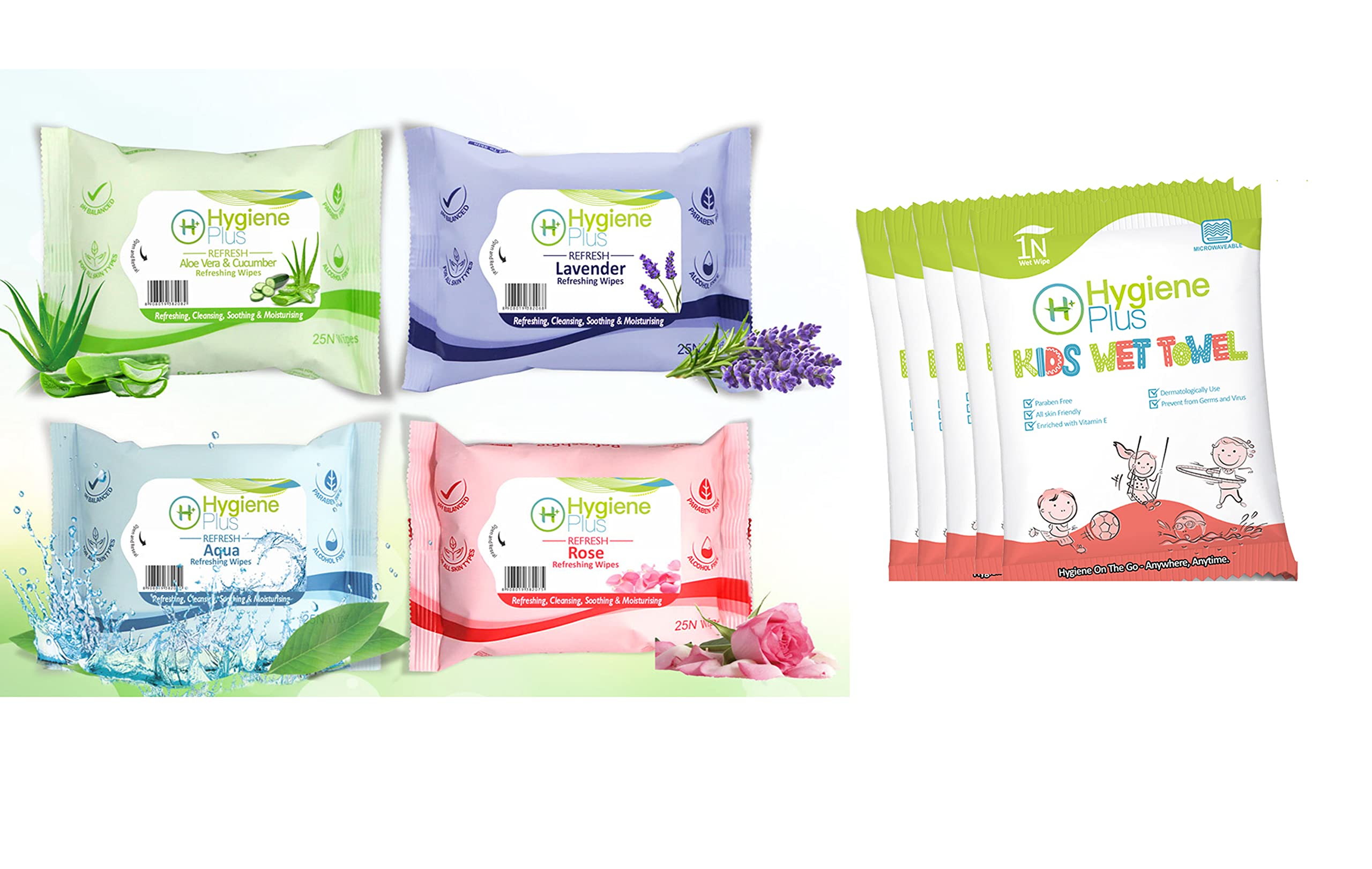 Hygiene Plus Refreshing Daily Use Cleansing Face Wet Wipes Aqua ,Rose ,Lavender , Alovera (25 Wipes) (Pack of 4)Get Free 5 Kids Bathing Wet Towel