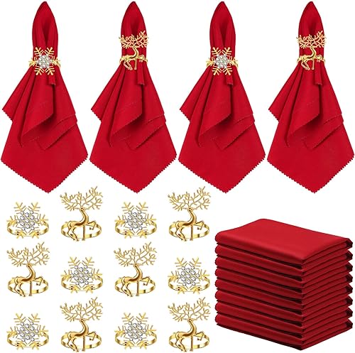 Sliner Juego de 24 servilletas y anillos de Navidad, 12 servilletas de Navidad lavables de color rojo y 12 servilletas de Navidad para cenas