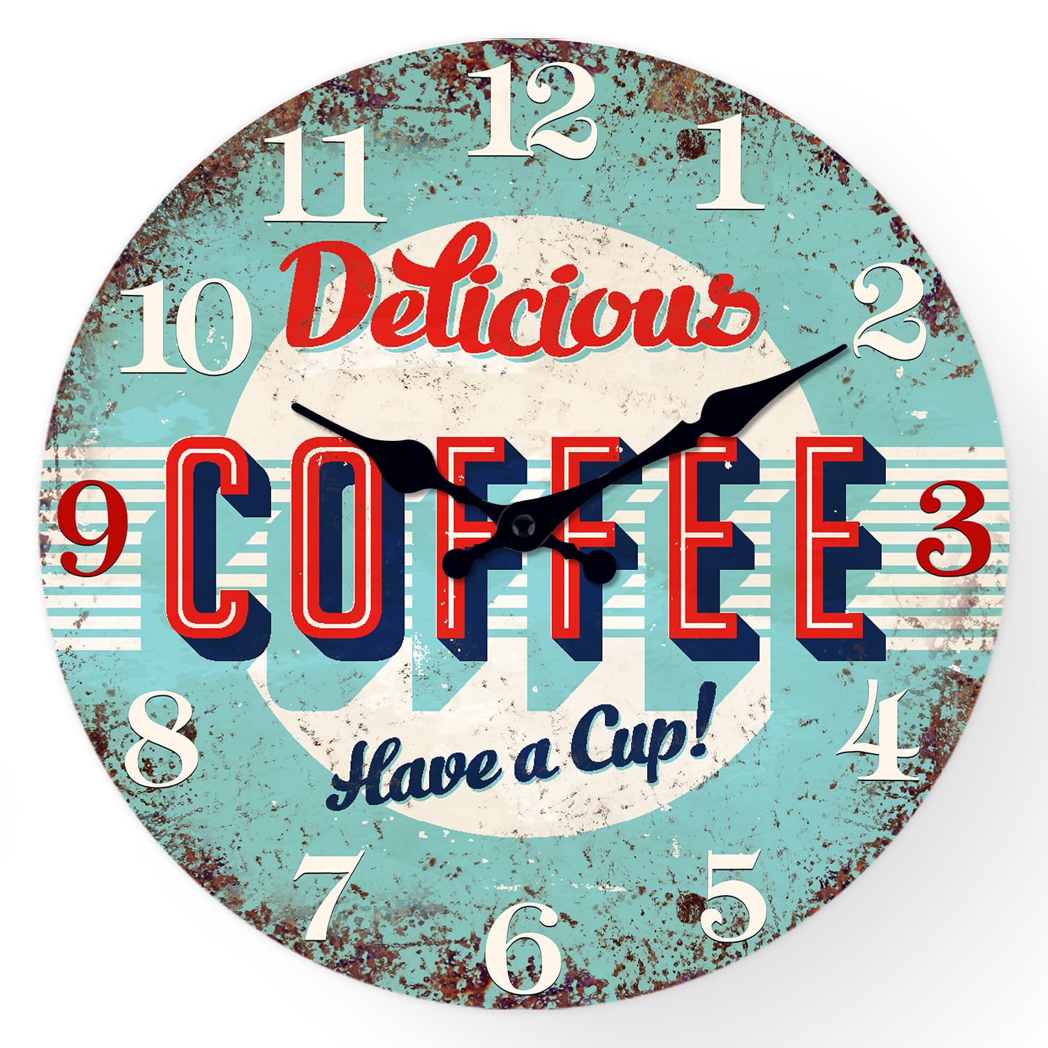 XFM Vintage Kitchen Wall Clock 12 Inch Silent Wooden Wall Clocks Battery Operated Blue Retro Round Clocks for Cafes Bar Farmhouse Office