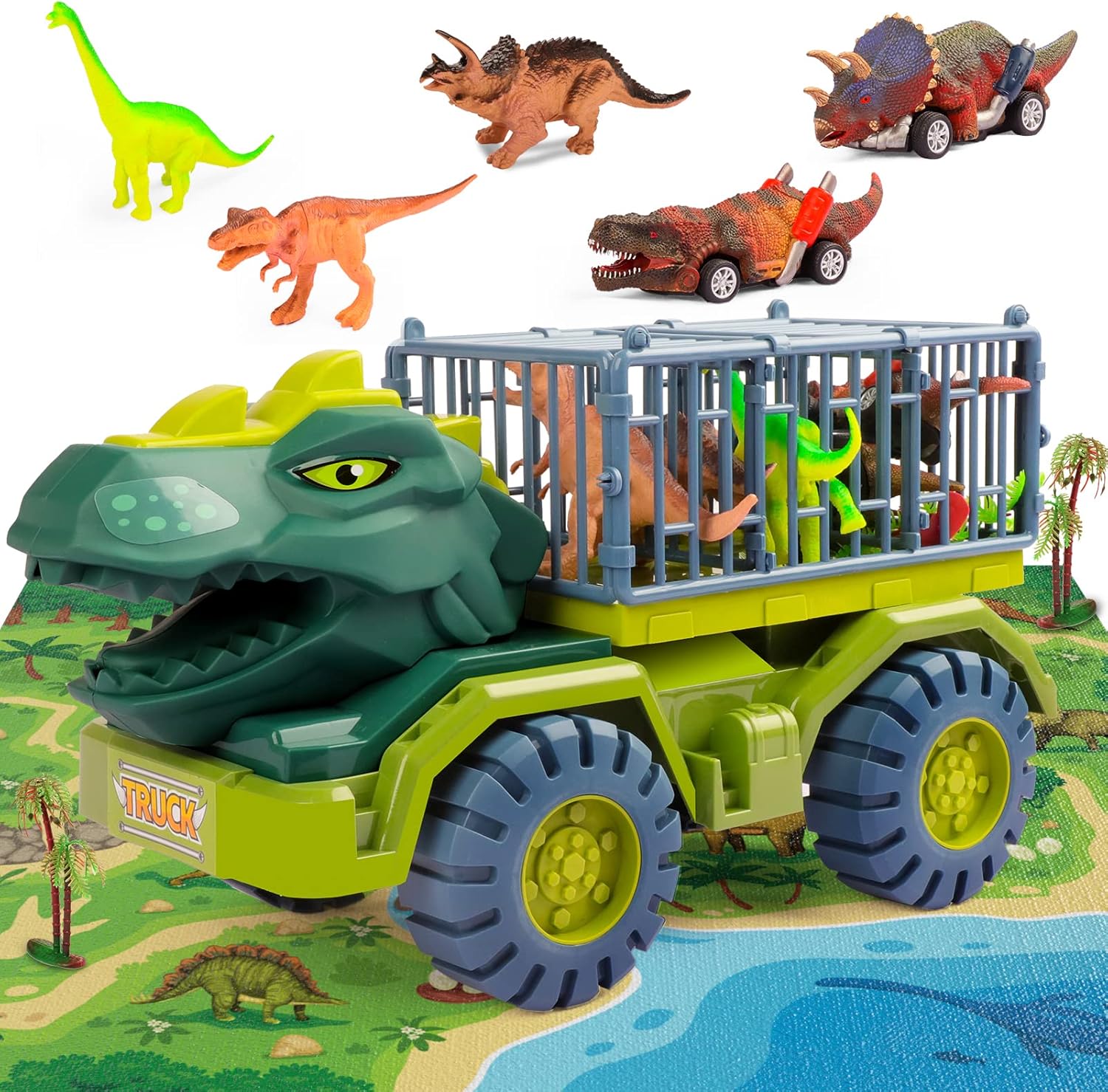 burgkidz Dinosaurios Juguetes Camion Jurassic, Dinosaurio Coche, Coches de Juguetes de Dinosaurios con Tapete de Juego de Actividades para Niños Niñas de 3+ Años