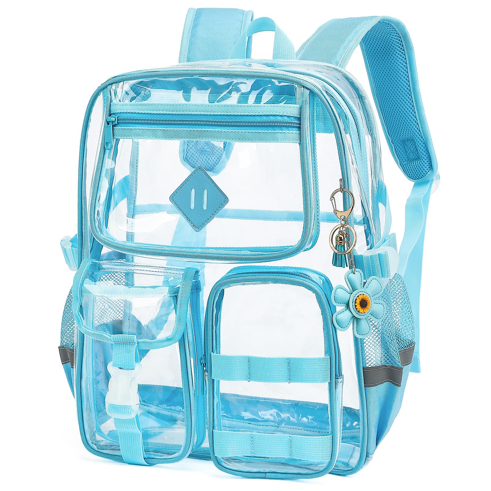 Xunteny Clear Backpack for School, Heavy Duty Transparent Bookbag for Girls Women with Sunflower Keychain
