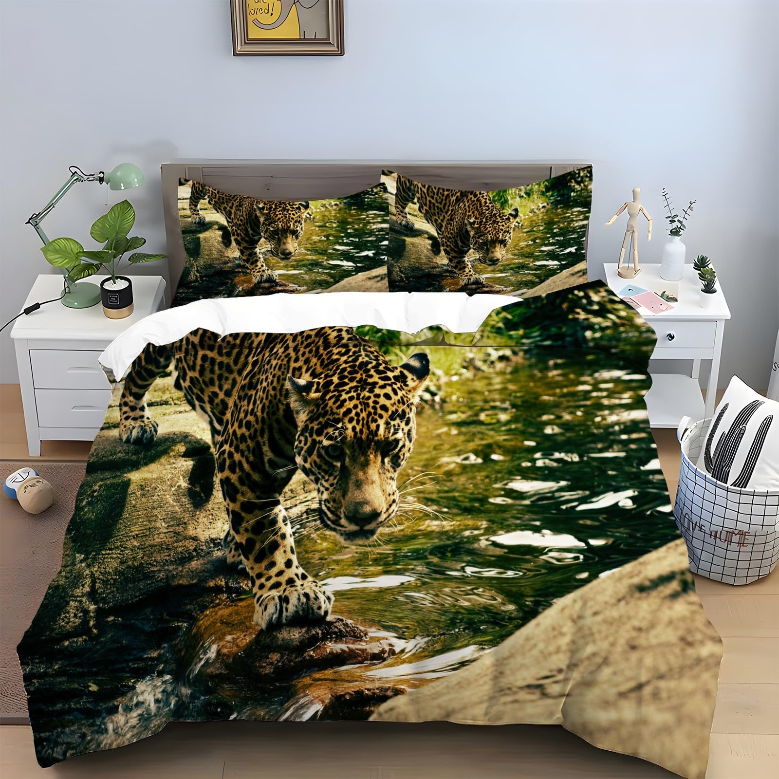 Bsyyzqc Boys Leopard Face King Size Duvet Cover Sets King Size Bedding Super Soft Print Microfibre, Animal Quilt Cover With Zipper Closure And 2 Pillowcases 19"X29" For Girls