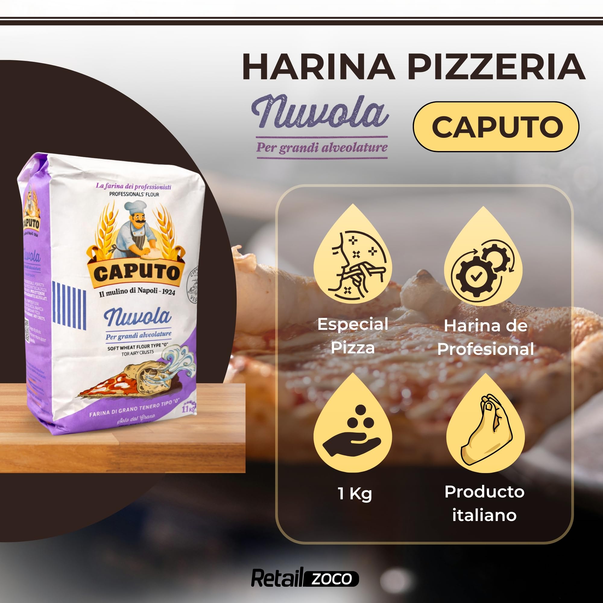 Harina Caputo Nuvola Pizzeria, Origen Italiana, ideal para masas ligeras con grandes cavidades, gran volumen, Recomendado para la clásica pizza napolitana, Tipo Harina 0, Contiene 1 unidad de 1 Kg