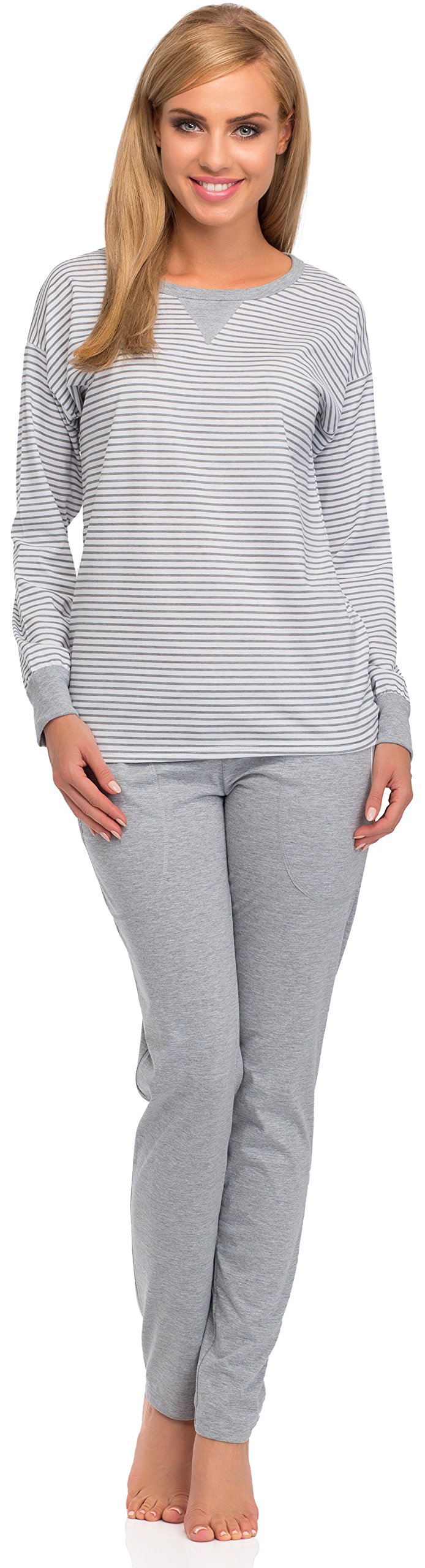 Italian Fashion Pyjama Femme Coton | Ensembles de Pyjama Femme | Pyj' Hiver Chaud avec Poches | Vêtements de Nuit | 2 Pièces avec Haut à Manches Longues et Pantalon S-XXL