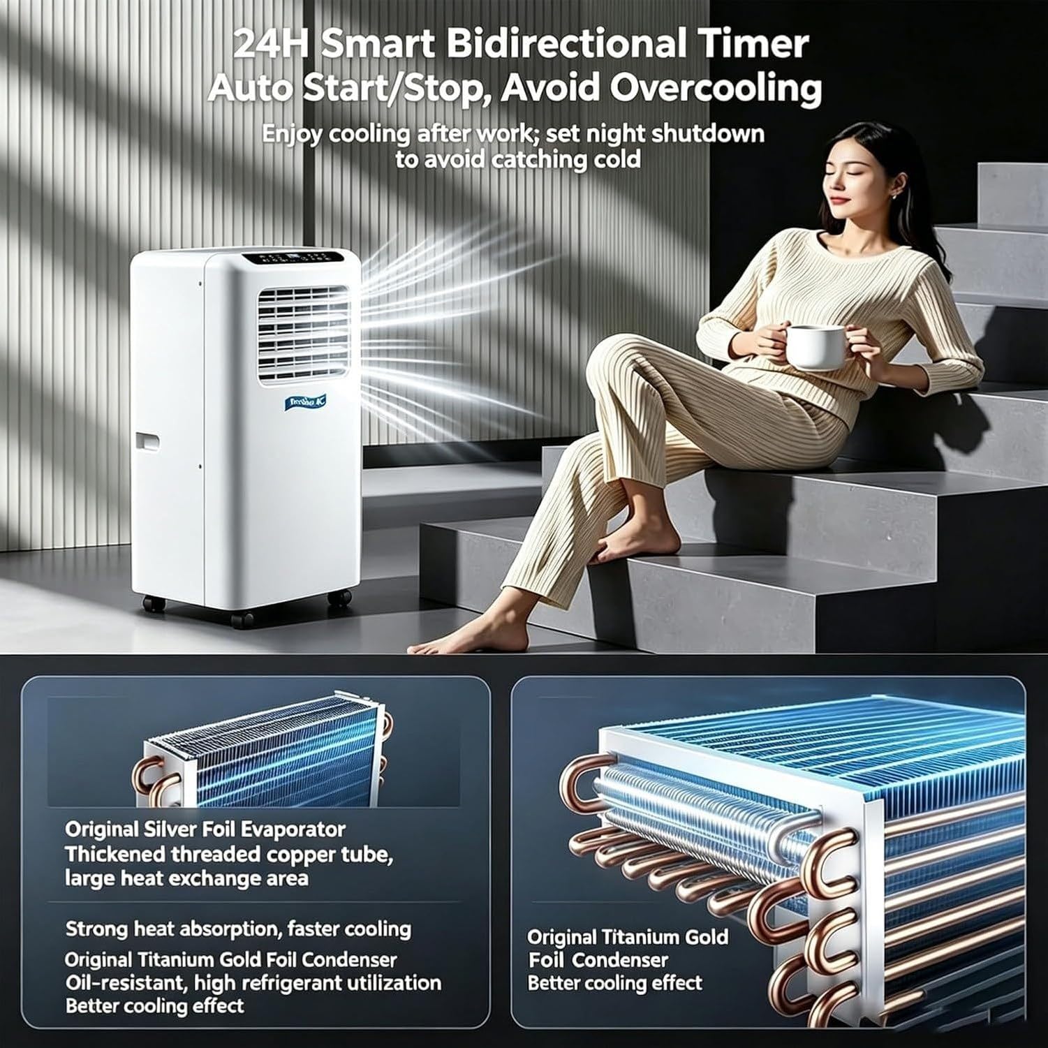 Condizionatore d'Aria Portatile 3-in-1 Ventilatore deumidificatore con Display Digitale, Telecomando, Timer 24 Ore e Kit Tubo Finestra per Ambienti, 9000btu