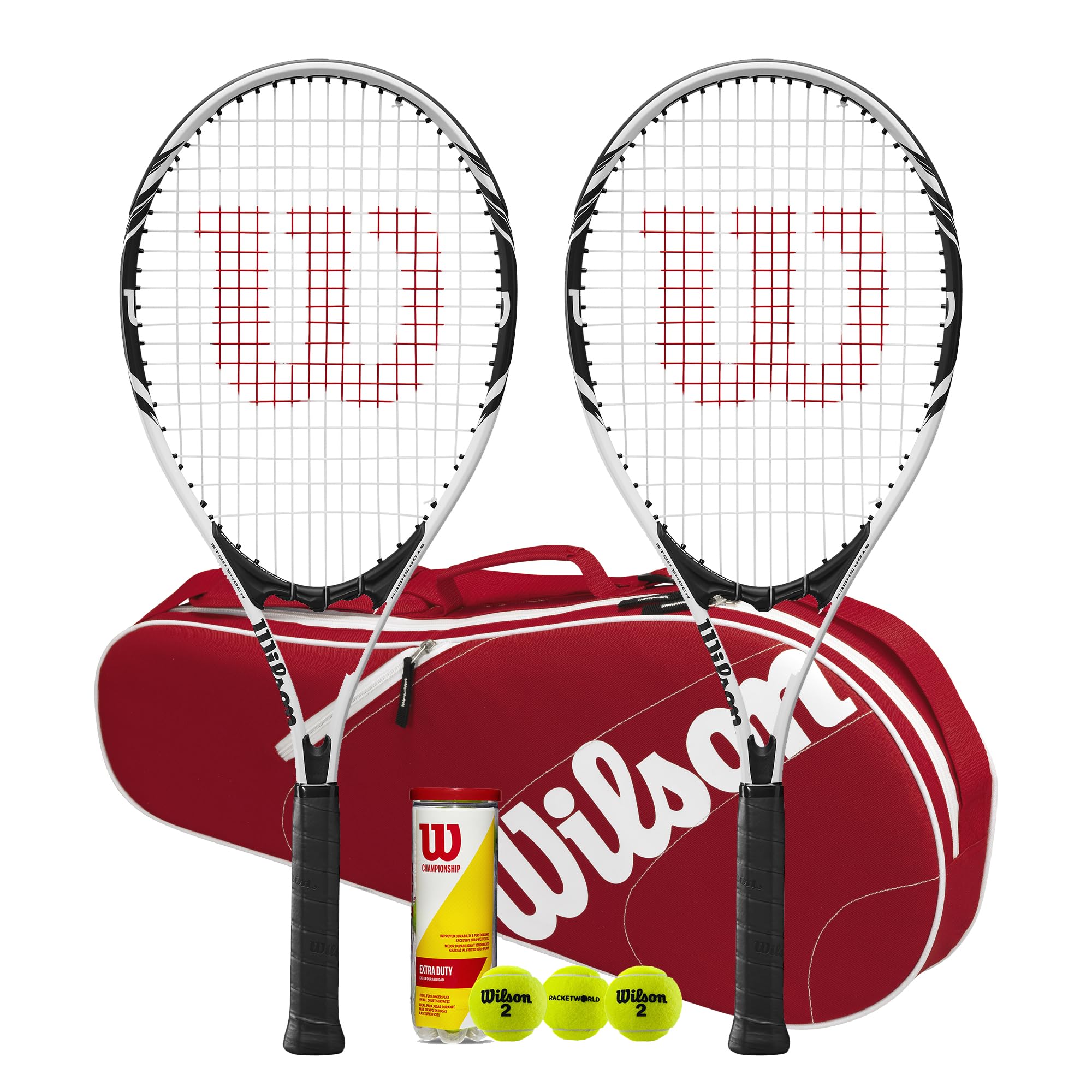 Wilson Federer Adult White Series Tennis Racket with Advantage Bag & Tennis Balls (Various Bundle Options) (with Red Advantage Bag)