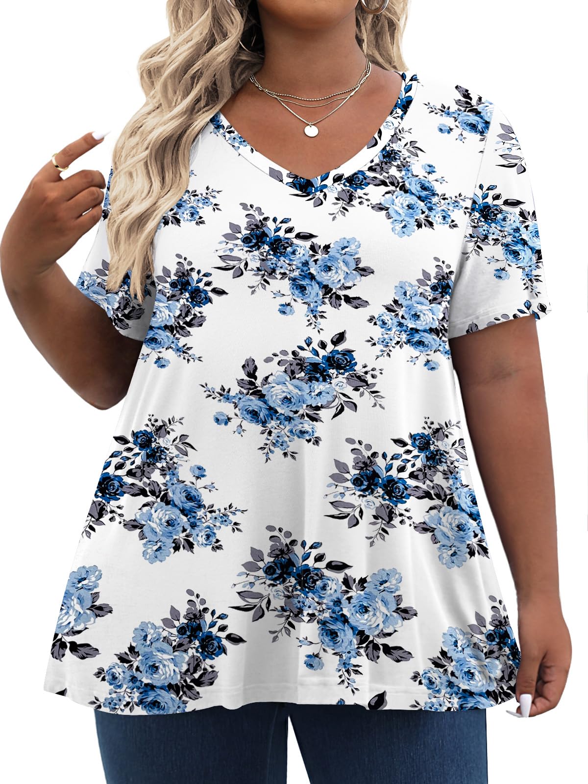 Tencede Womens Plus Size Tops Short Sleeve Tunic Shirts V Neck Summer Floral Loose Fit Blouse XL-5X