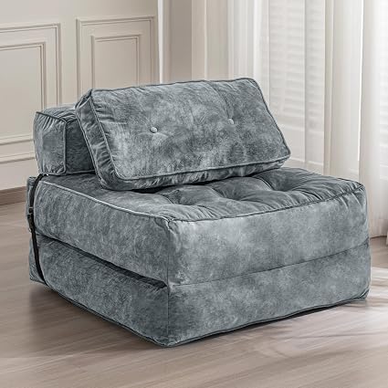 MAXYOYO Folding Sofa Bed, Velvet Convertible Sleeper Chair with Pillow Portable Fold Out Chair Bed, Multifunctional Tufted Floor Sofa Lounge for Living Room Guest Room, Dark Grey