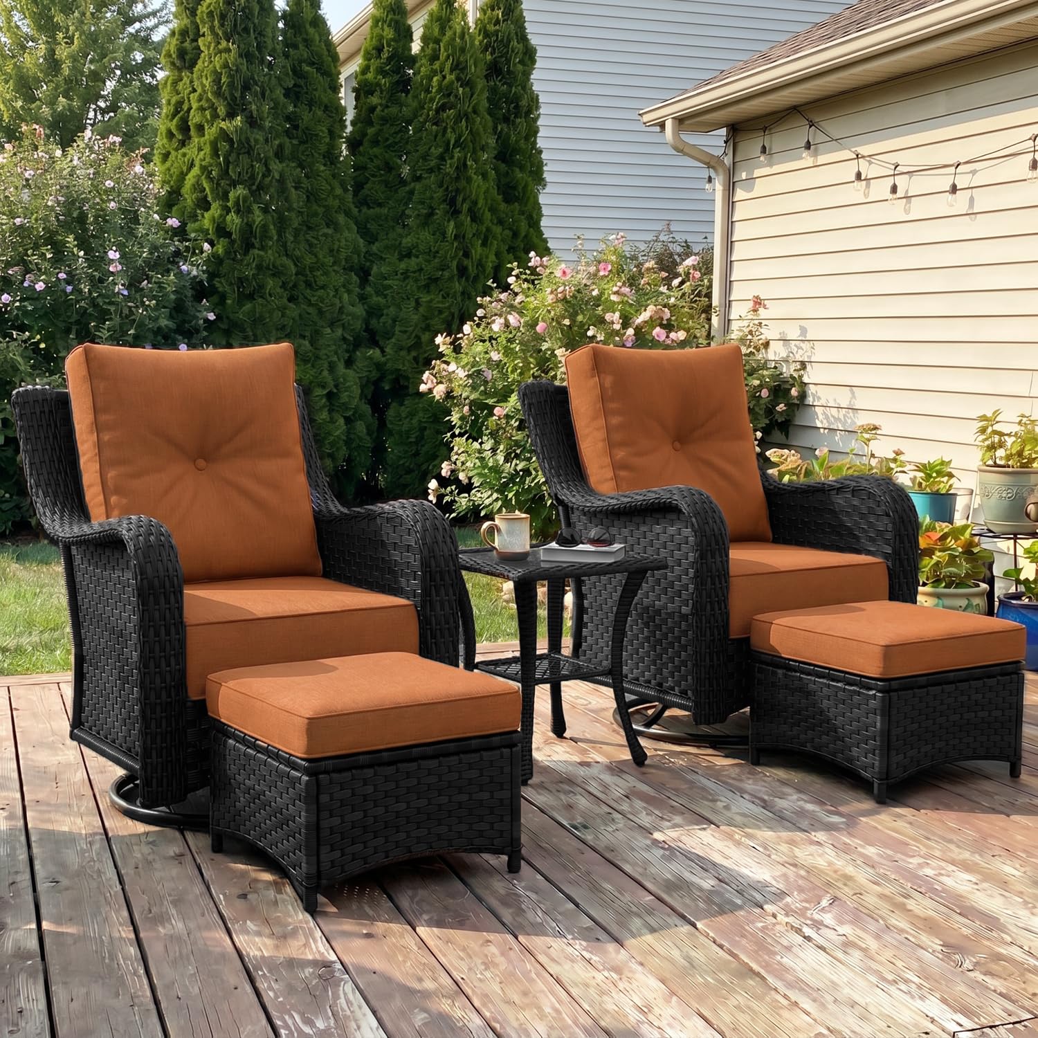 LayinSun 5 Piece Wicker Outdoor Furniture Set with 6-inch Comfy Cushions
