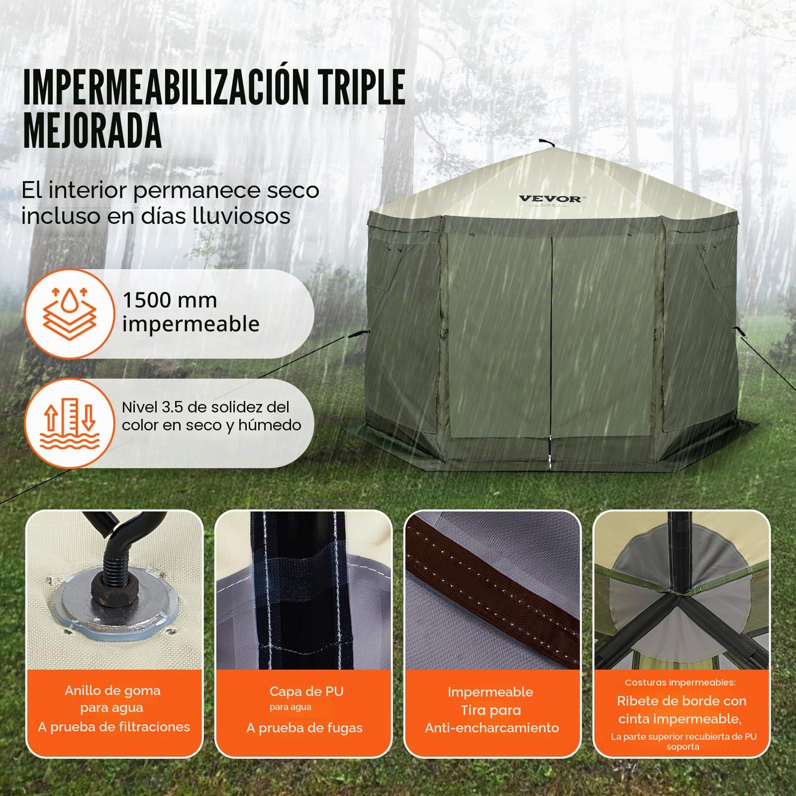 VEVOR Carpa Plegable para Cenador 6 Lados con Mosquitera y Paños de Viento 3,05 x 3,05 x 2,29 m Verde Marrón