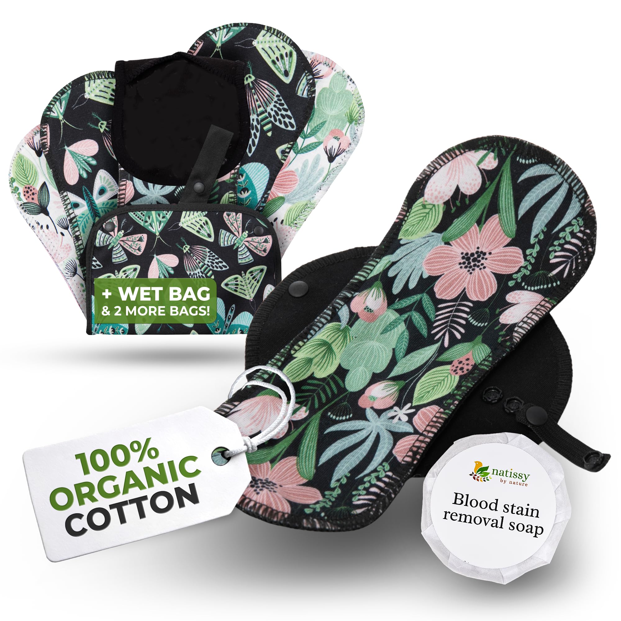 Natissy Assorbenti Lavabili in Cotone Biologico per Donna e Adolescente, Morbidi, Traspiranti, Non Irritanti e Riutilizzabili - Set 6 pz Taglie S+M - Made in EU