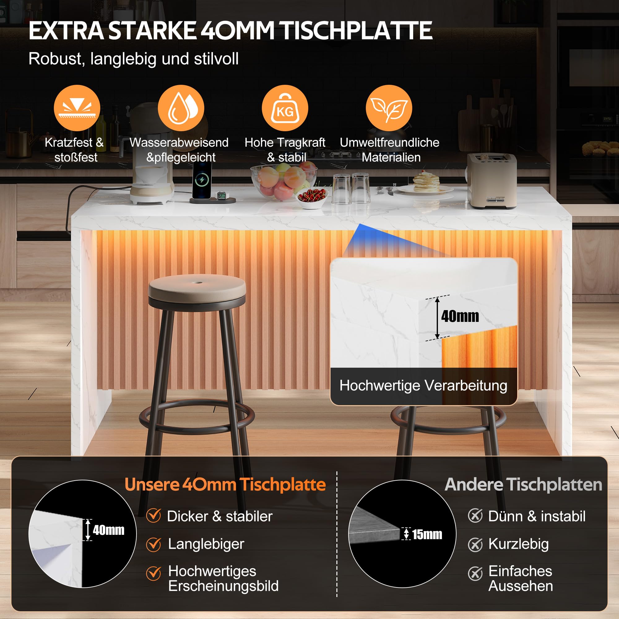 Merax Isola da cucina autoportante con piano di lavoro frontale in marmo da 40 mm, isola da cucina con LED, presa 2 prese, 2 USB, moderno tavolo da bar per cucina, sala da pranzo, 155 x 80 x 90 cm