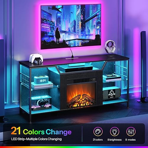 Miniatura 3 de HOOBRO Soporte de TV con chimenea con luces LED, soporte de TV eléctrico con chimenea con estación de carga, centro de entretenimiento con chimenea,