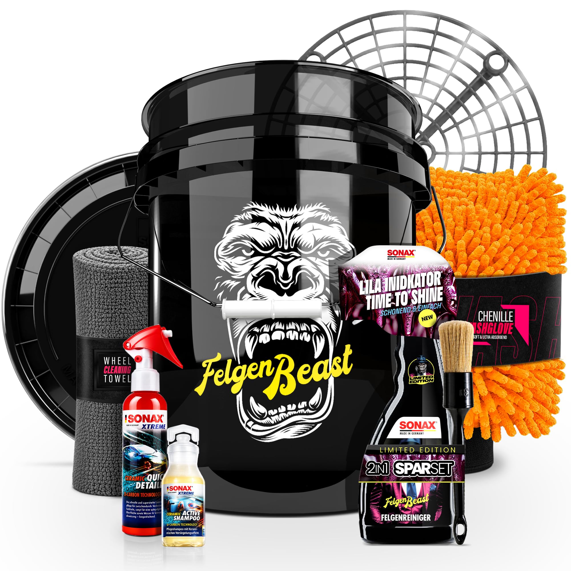 Felgenreiniger Set | Sonax Felgenbeast 500ml + Auto Wascheimer 20l mit Sieb und Deckel + Waschhandschuh + Pinsel + Ceramic Quick Detailer + Ceramic Shampoo + Mikrofasertuch