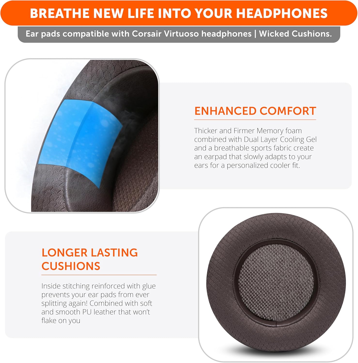 WC Freeze Virtuoso - Hybrid Fabric Cooling Gel Replacement Earpads for Corsair Virtuoso Gaming Headset, Made by Wicked Cushions, Improved Durability, Thickness and Sound Isolation | Brown