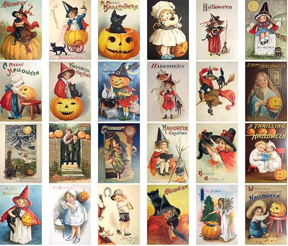 PIXILUV CUTE HALLOWEEN 24 Postcards Notecards Witches Black Cat Scary Pumpkin Vintage Greeting Cards