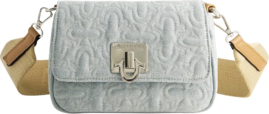 True Religion Womens Crossbody Bag, Quilted Denim Purse Handbag with Adjustable Removable Shoulder Strap