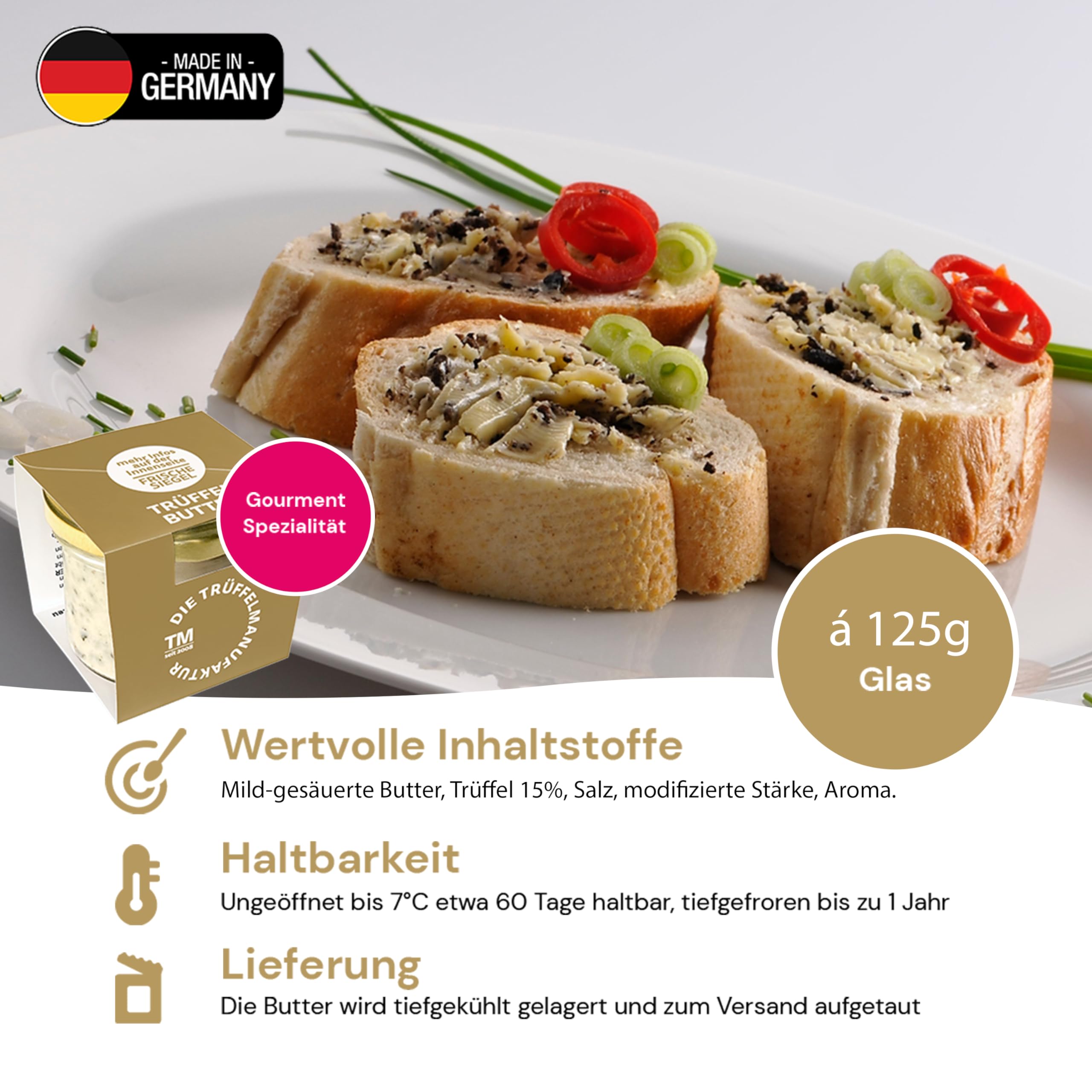 Die Trüffelmanufaktur - Feinkost Trüffelbutter mit 15% echtem frischen schwarzem Trüffel, die Delikatesse für Feinschmecker, weiße Trueffel-Butter im Glas á 95 g