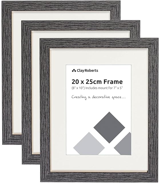 Clay Roberts Photo Picture Frames 8 x 10, Dark Grey, Pack of 3, Includes Mount for 7 x 5 Prints, Freestanding and Wall Mountable, 10x8" Picture Frame Set