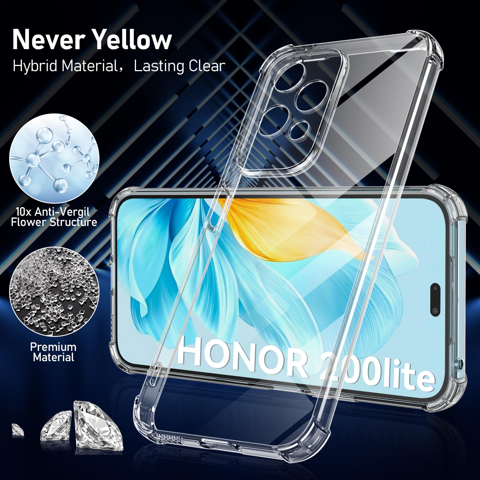 FLLAO Cover Compatibile con Honor 200 Lite 5G con 2 Vetro Temperato [Protezione Fotocamera] Anti Ingiallimento Antiurto Cover Silicona TPU Morbido Custodia per Honor 200 Lite 5G - Trasparente