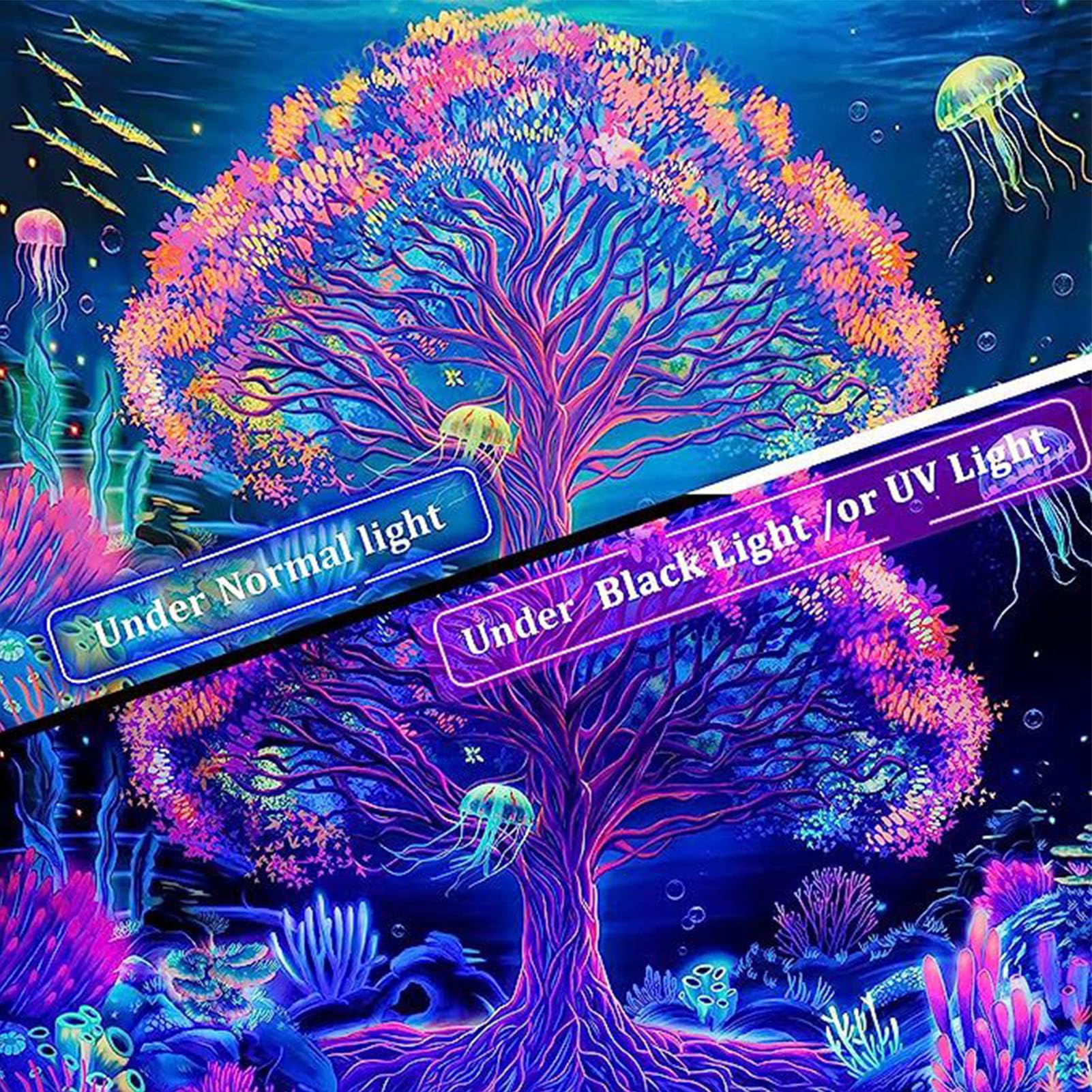 Patrón de Luna y Sol Colgante de Pared Árbol de la Vida Tapiz de Fluorescencia UV Mandala Psicodélico Tapiz de Árbol de la Vida, Decoración de Dormitorio Colgante de Pared para Sala