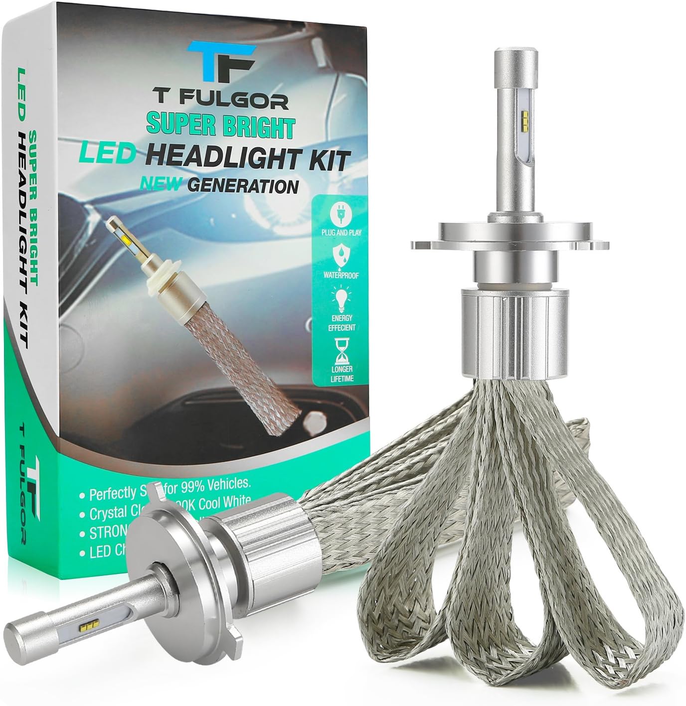 T FULGOR Super Bright H4 LED Headlight Bulbs Conversion Kit with eight LED chips, Purple copper braid, 40w, 11,000 Lumens, 6000K Cool White light, IP68 Waterproof,1 pair (H4)