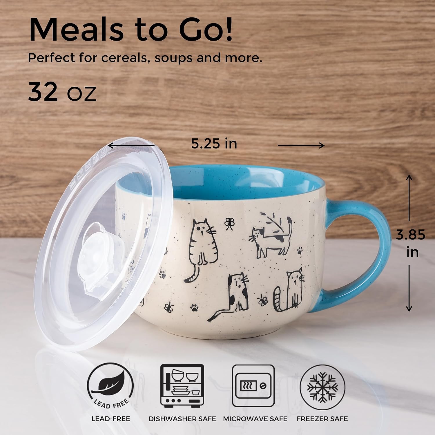 AmorArc 32 Ounces Ceramic Soup Mugs with Lids and Handle, Stoneware Bowls Cup Set of 2 for Soup, Stew, Noodle, Beautiful Mug Bowls With Lovely Dog,Cat Patterns, Microwave&Dishwasher Safe, Blue